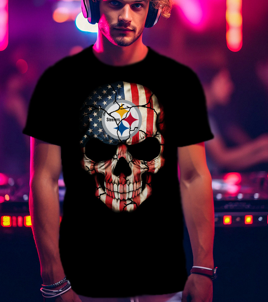 Pittsburgh Steelers American Flag Skull T-Shirt