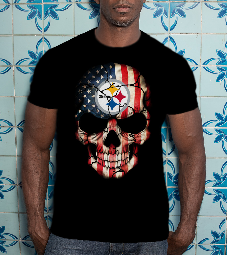 Pittsburgh Steelers American Flag Skull T-Shirt