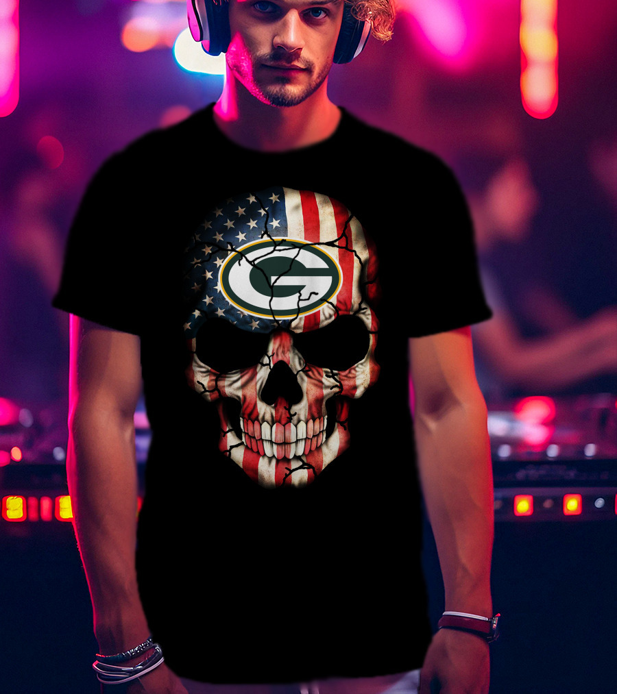 Green Bay Packers American Flag Skull T-Shirt