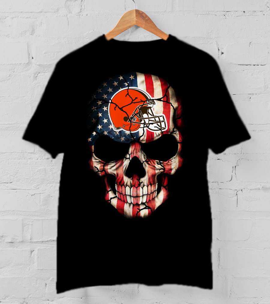 Cleveland Browns Skull American Flag Helmet Stars Stripes T-Shirt