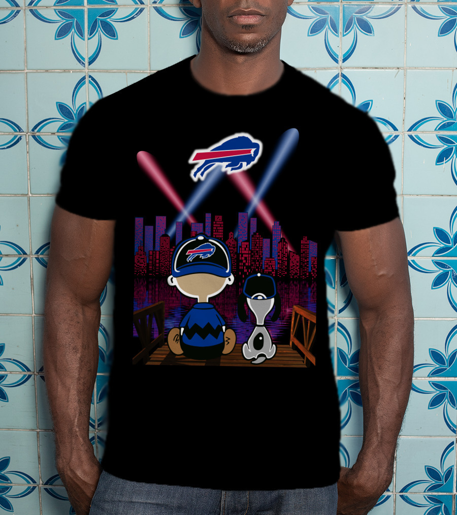 Buffalo Bills Skyline With Snoopy And Charlie Brown On A Pier T-Shirt