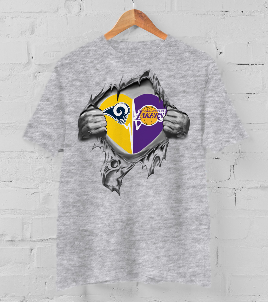 Lakers Rams Heart Logo Design With Emerging Hands T-Shirt