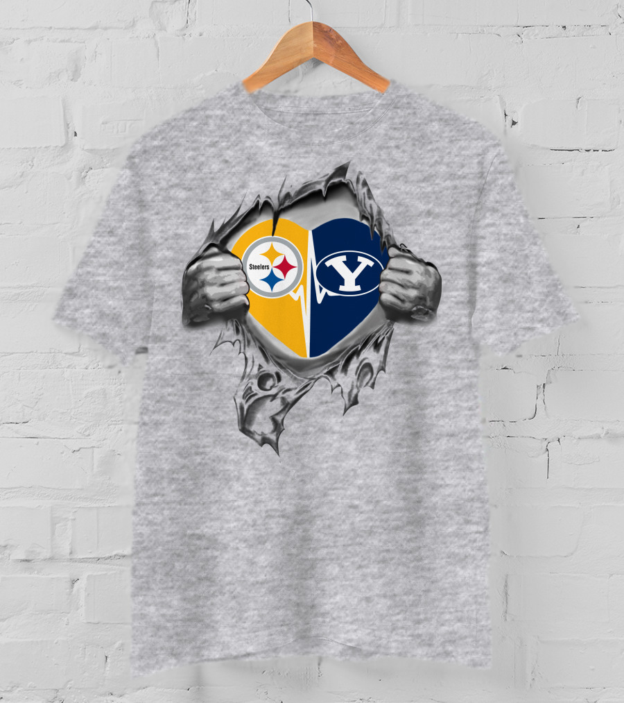 Steelers Byu Cougars Heart Symbol With Torn T-Shirt