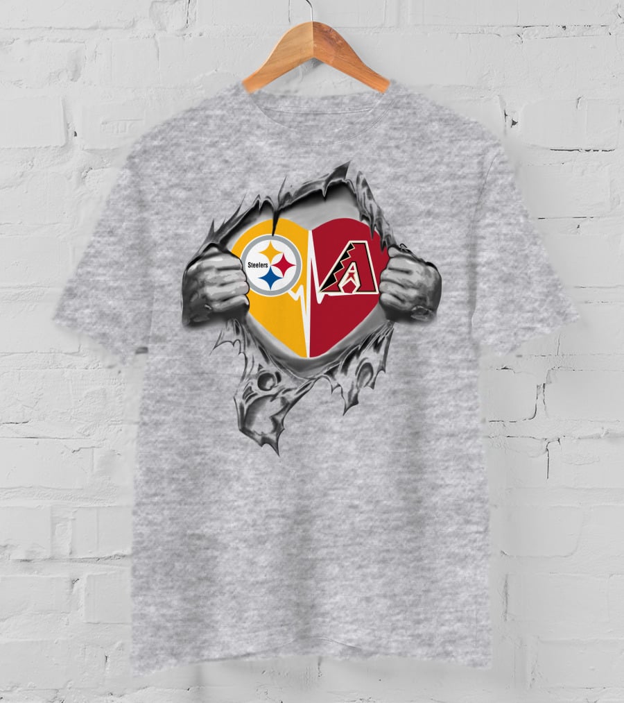 Steelers Arizona Diamondbacks Heart With Logos Inside Ripped T-Shirt