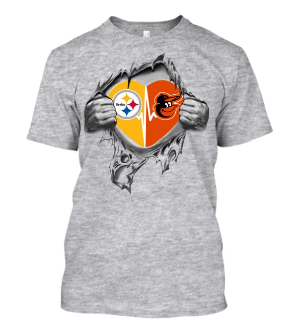Steelers Baltimore Orioles Heart With Logos And Hands Peeling T-Shirt