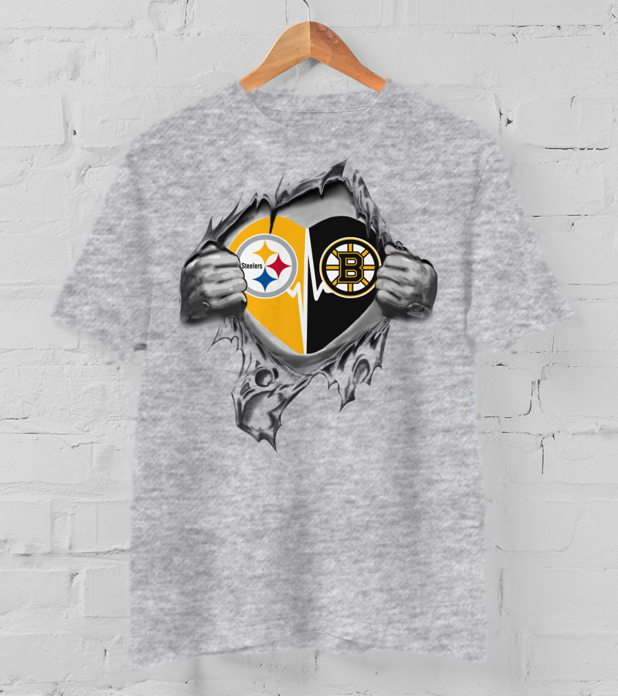 Steelers Boston Bruins Heartbeat Symbol With Team Logos T-Shirt