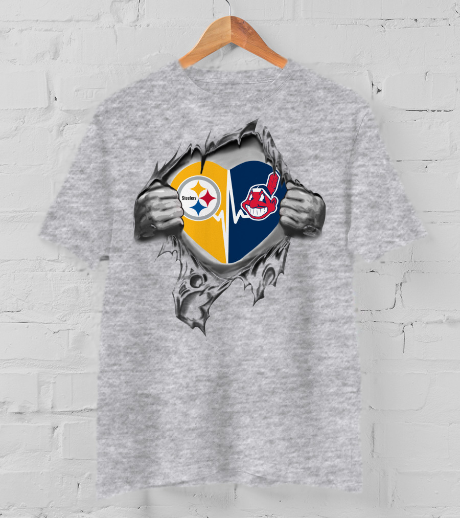 Steelers Cleveland Indians Heart Design Featuring Logos And Hands T-Shirt