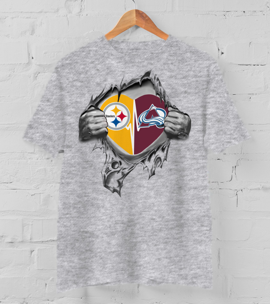 Steelers Colorado Avalanche Heart With Logos Torn Metal Effect T-Shirt