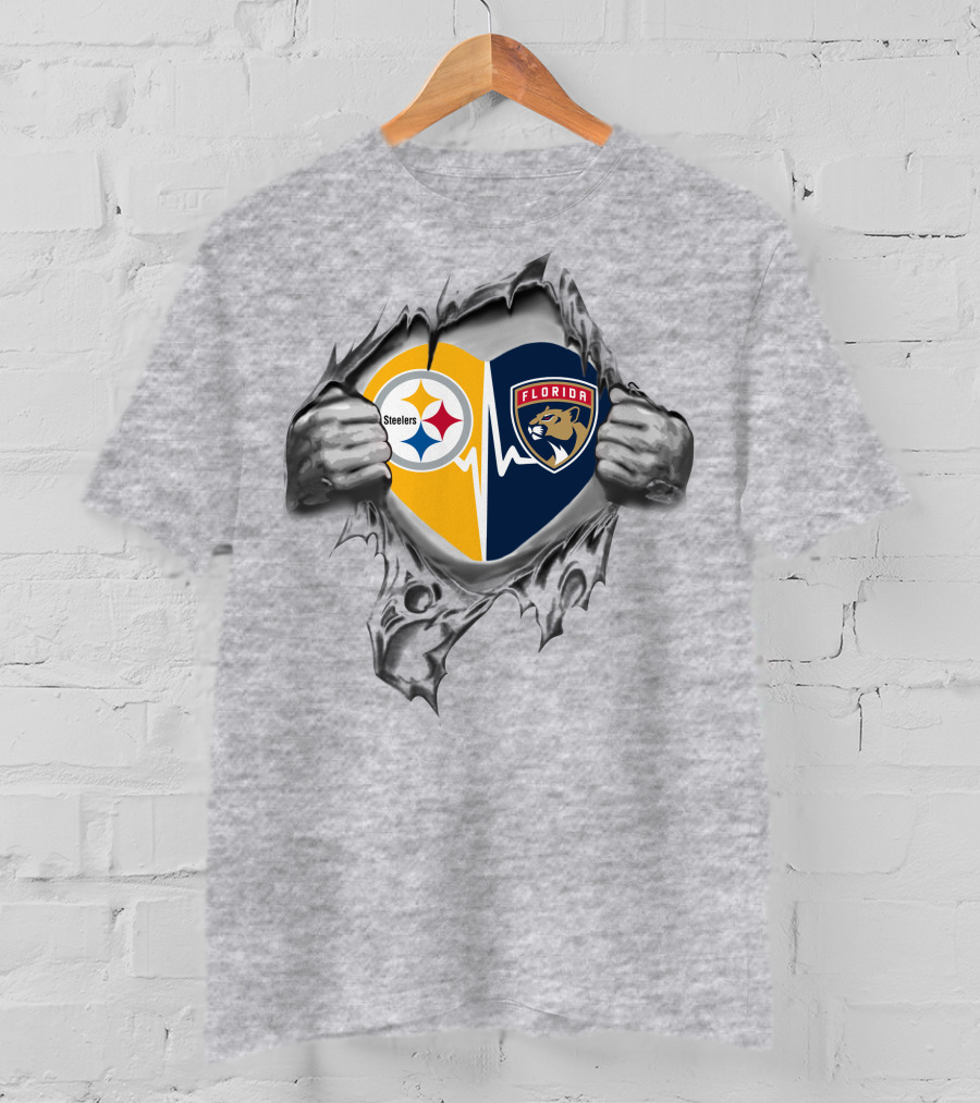 Steelers Florida Panthers Heartbeat Emblem With Open Hands Rip T-Shirt