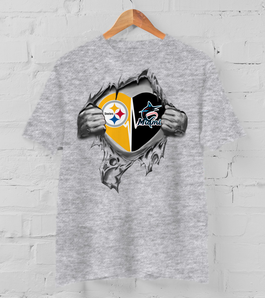 Steelers Miami Marlins Heart Logo Tear T-Shirt