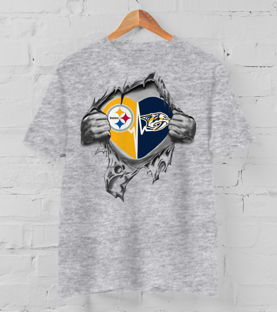Steelers Nashville Predators Heart Logo Busting Through T-Shirt