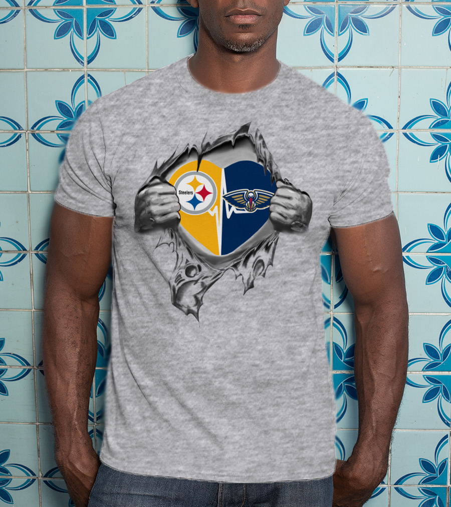 Steelers New Orleans Pelicans Heart Logos Peeking Through Torn Surface T-Shirt