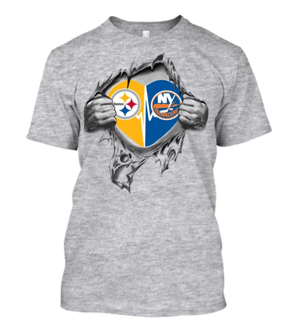 Steelers New York Islanders Heart Design With Logos And Hands T-Shirt