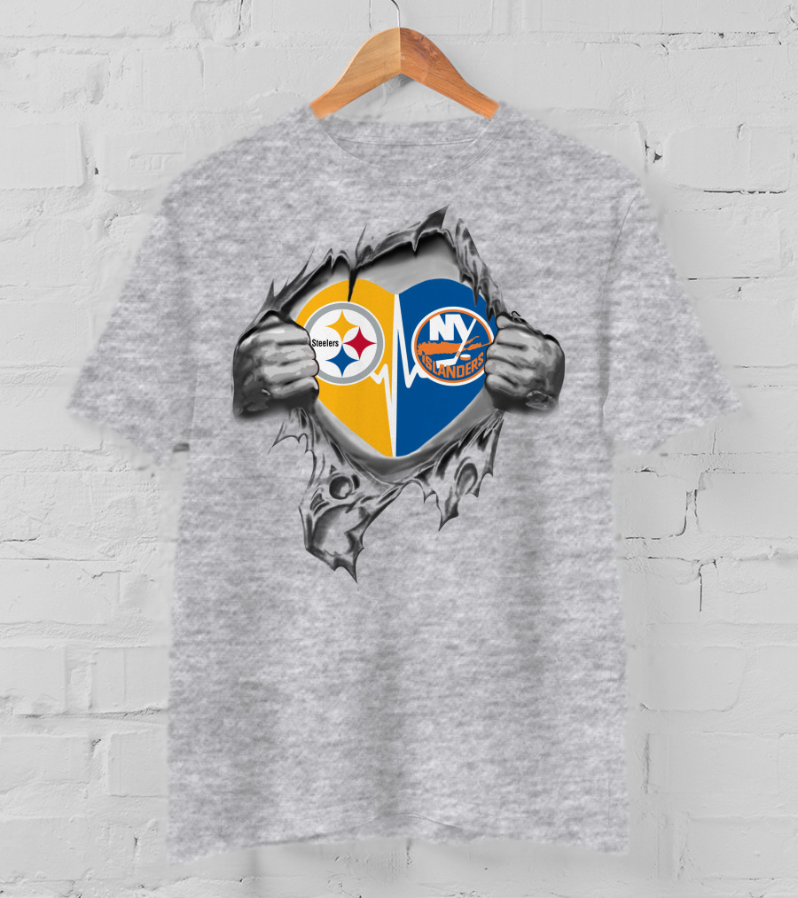 Steelers New York Islanders Heart Design With Logos And Hands T-Shirt