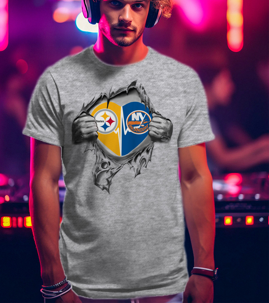Steelers New York Islanders Heart Design With Logos And Hands T-Shirt