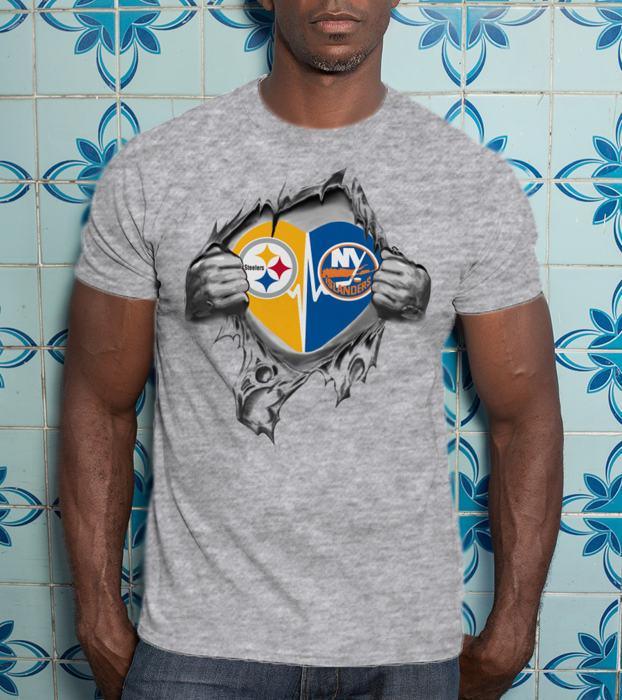 Steelers New York Islanders Heart Design With Logos And Hands T-Shirt