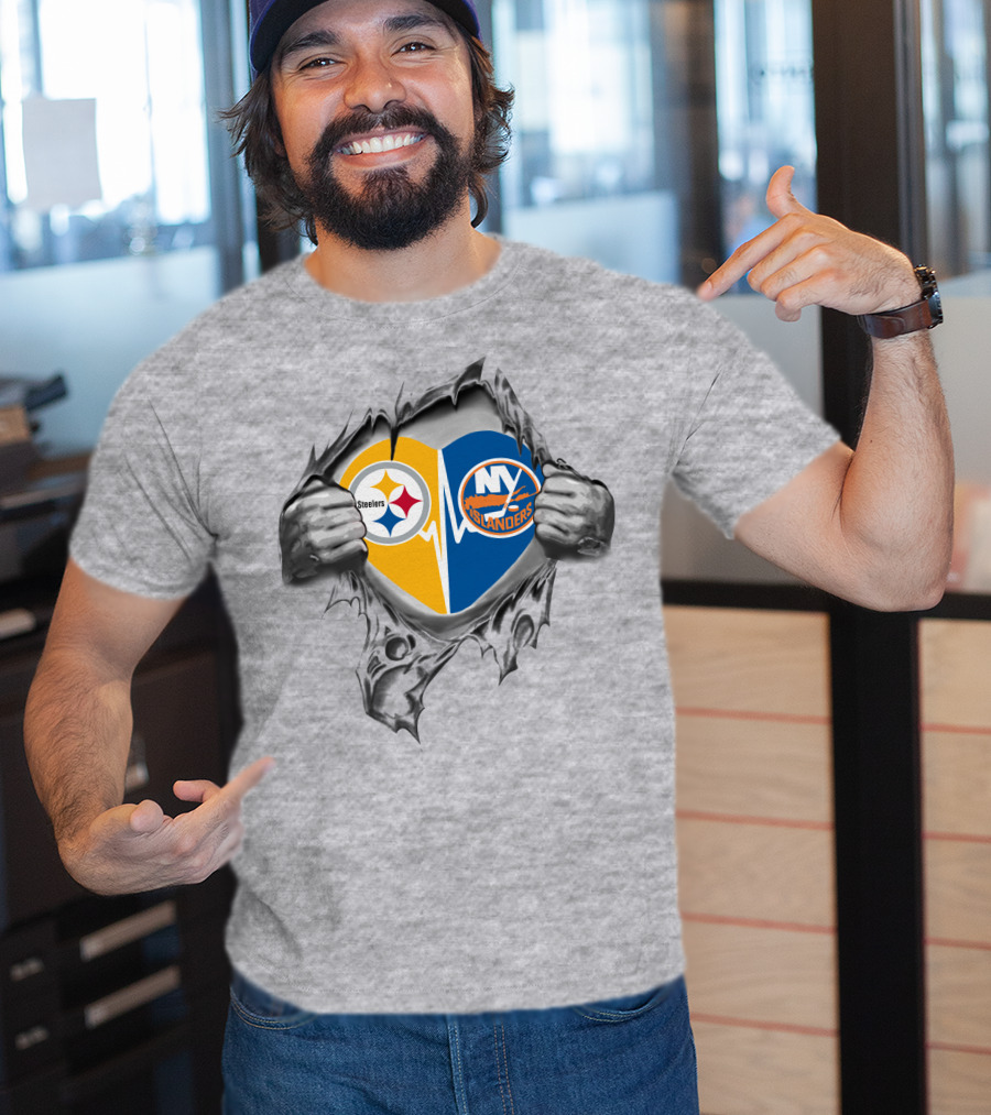 Steelers New York Islanders Heart Design With Logos And Hands T-Shirt