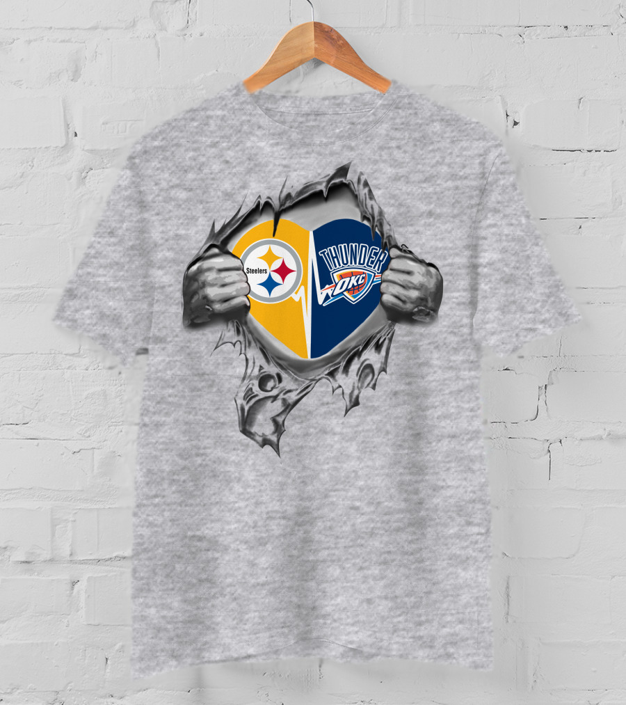 Steelers Oklahoma City Thunder Heart Torn Open Fan Love T-Shirt