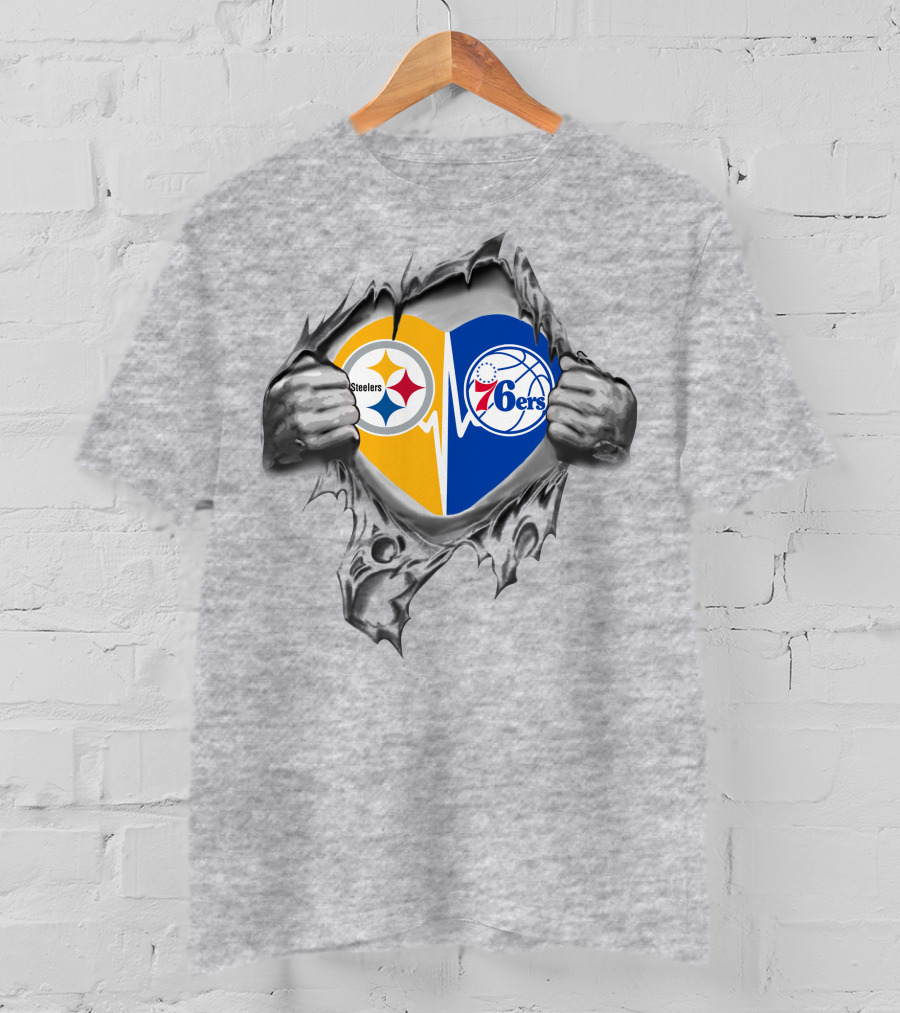 Steelers Philadelphia 76ers Heart Logo Torn T-Shirt