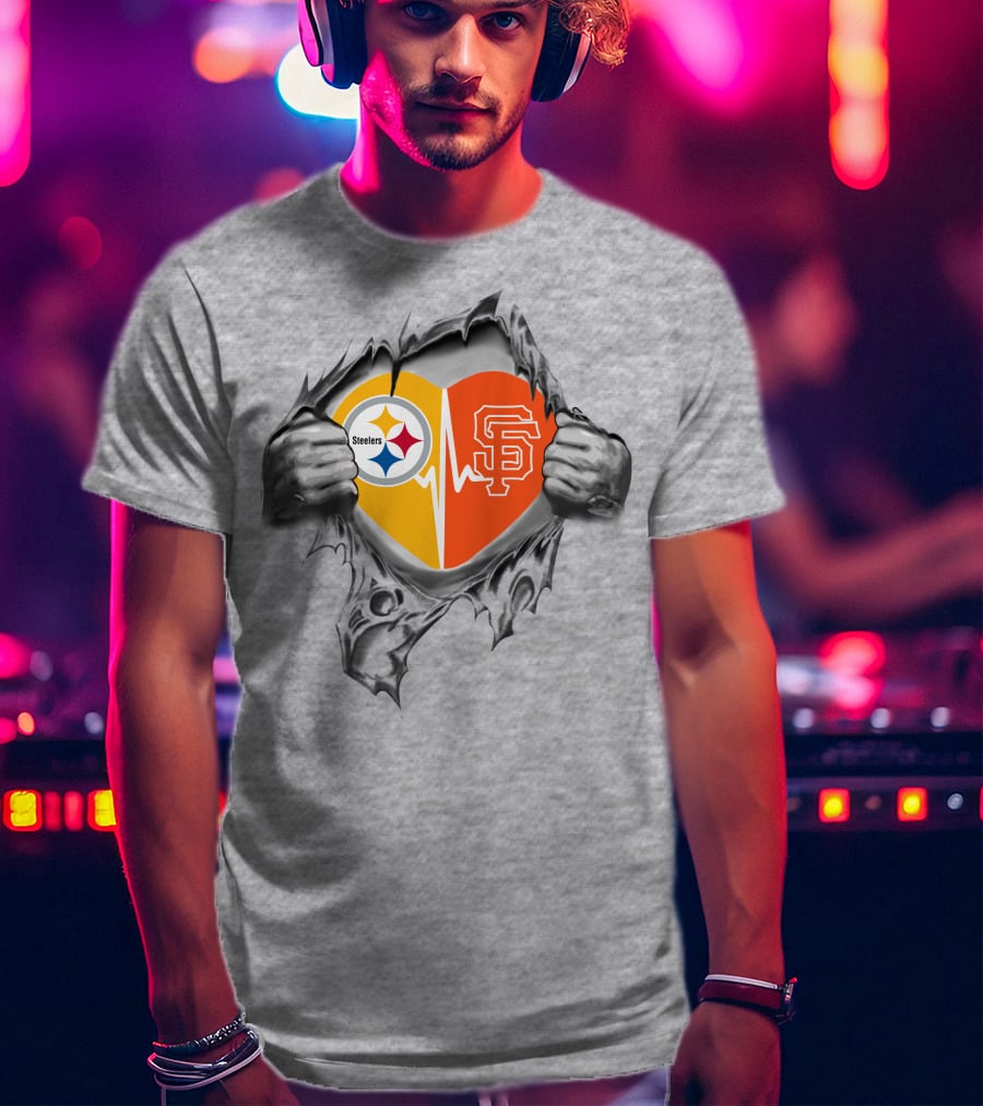 Steelers And San Francisco Giants Heartbeat Passion T-Shirt