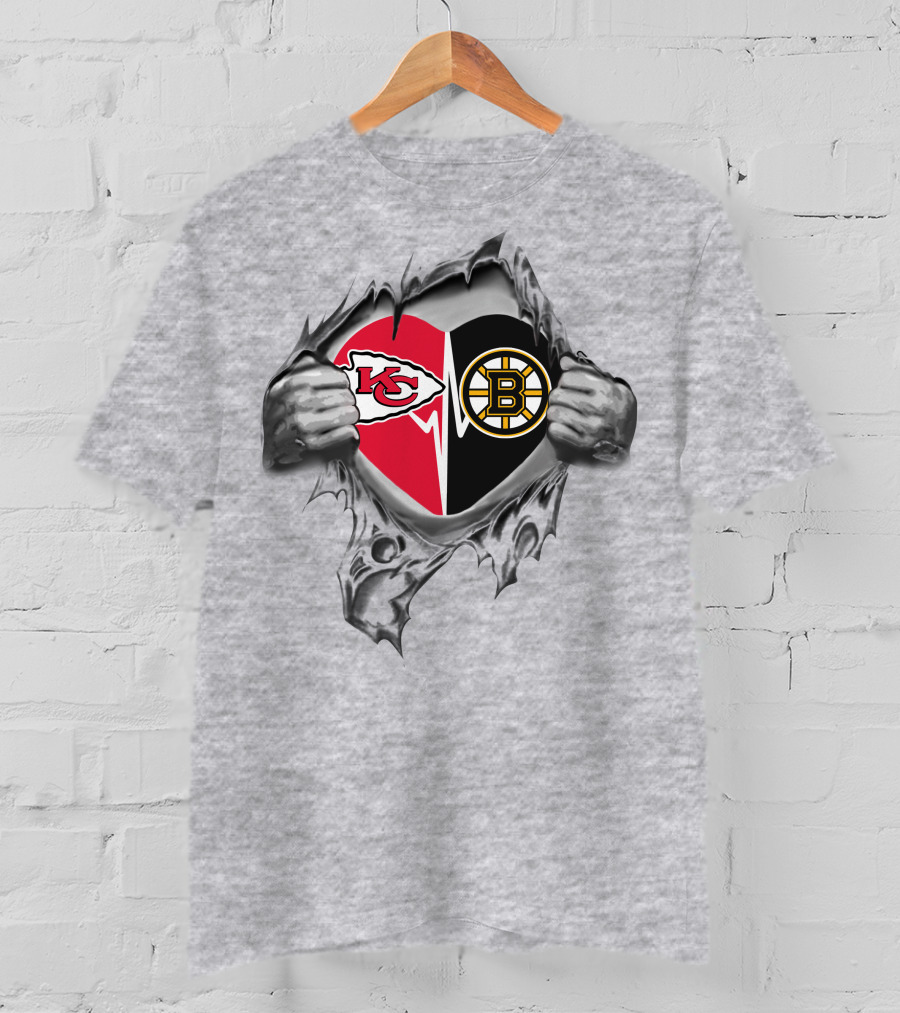 Kansas City Chiefs Boston Bruins Heart Split Logo Revealed T-Shirt