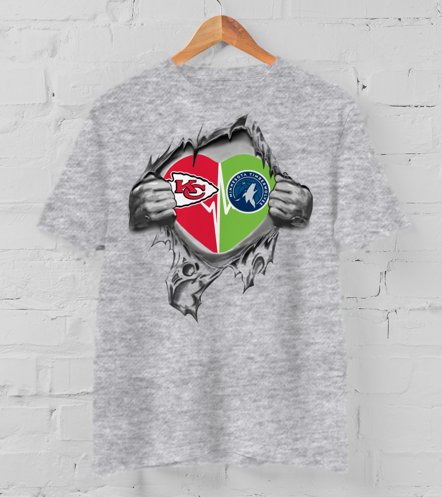 Chiefs Minnesota Timberwolves Heart Design With Logos And Hand Ripping Effect T-Shirt