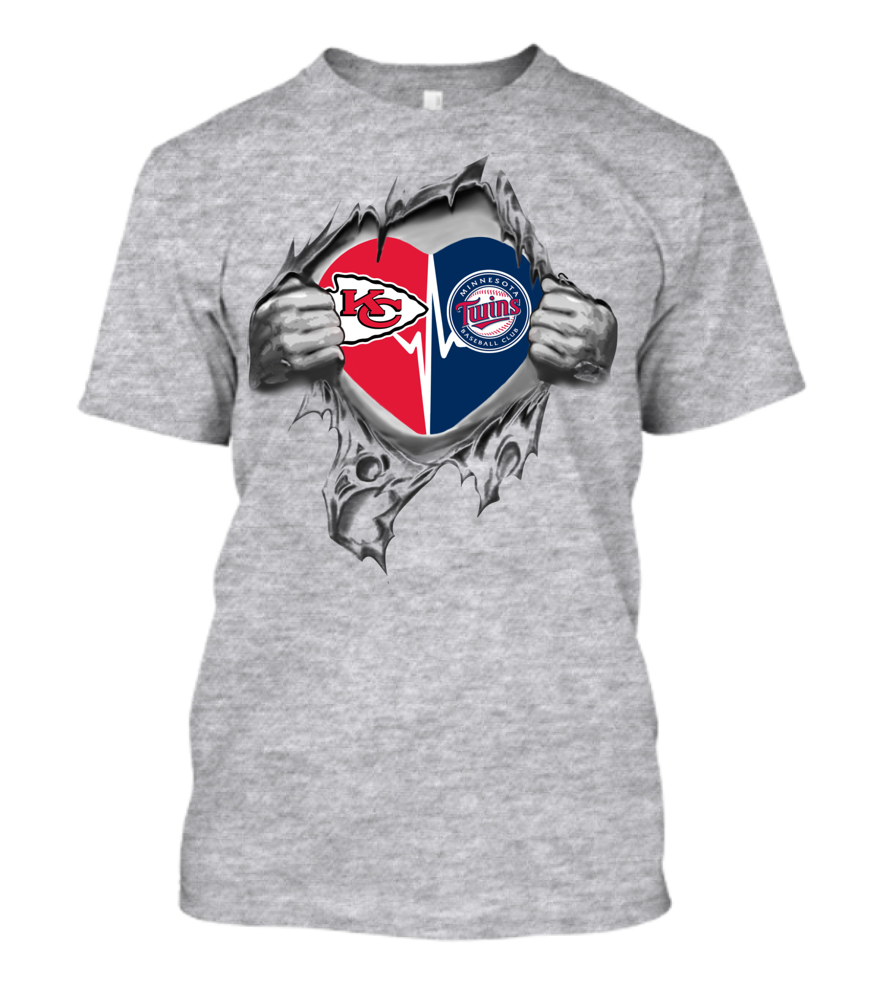 Chiefs Minnesota Twins Heart Pulled Open Helmet Logos T-Shirt