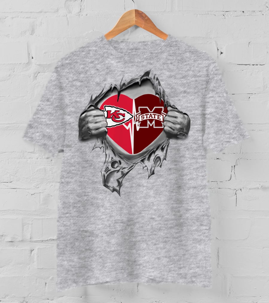 Chiefs Mississippi State Bulldogs Heart Design Featuring Logos And Emotional Connection T-Shirt