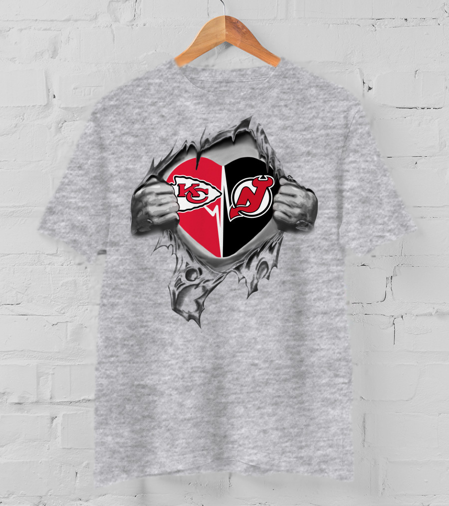 Chiefs New Jersey Devils Heart Symbol With Logos And Torn T-Shirt