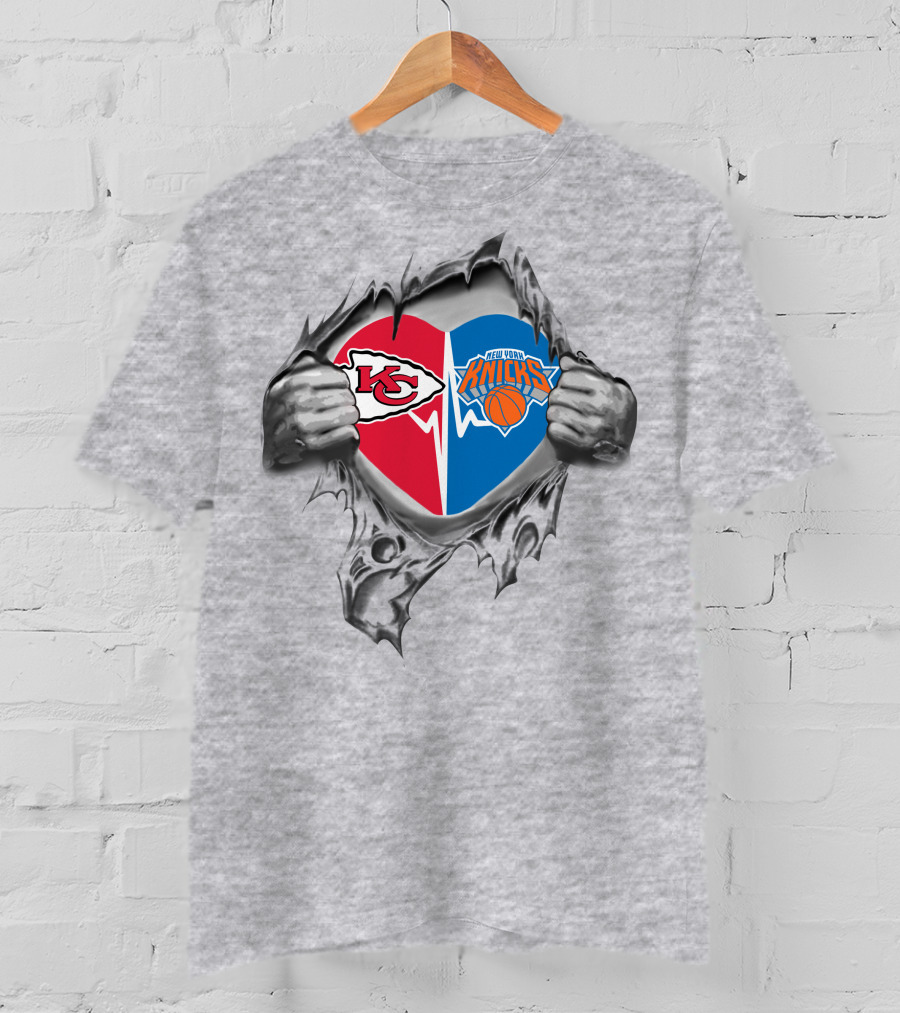 Chiefs New York Knicks Heart Logo Split Emotion T-Shirt