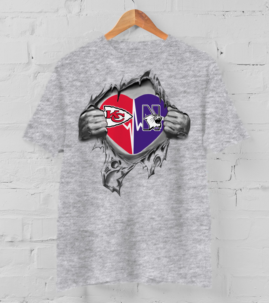 Chiefs Northwestern Wildcats Heart Design Logo Fusion T-Shirt