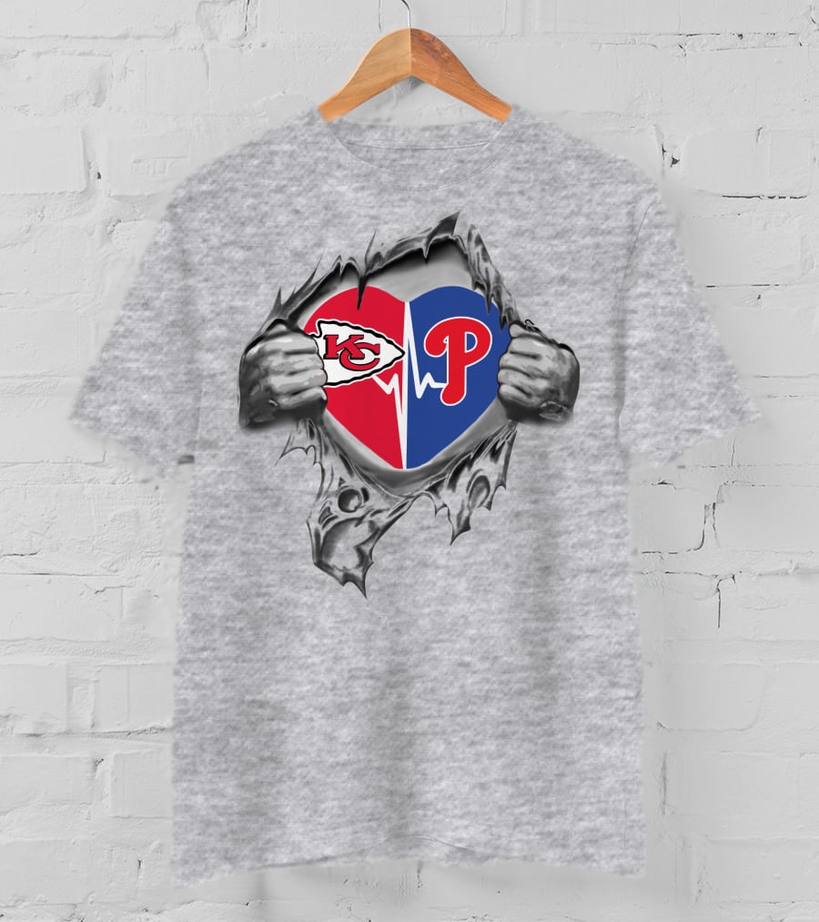 Chiefs And Philadelphia Phillies Heartbeat Logo Fusion T-Shirt