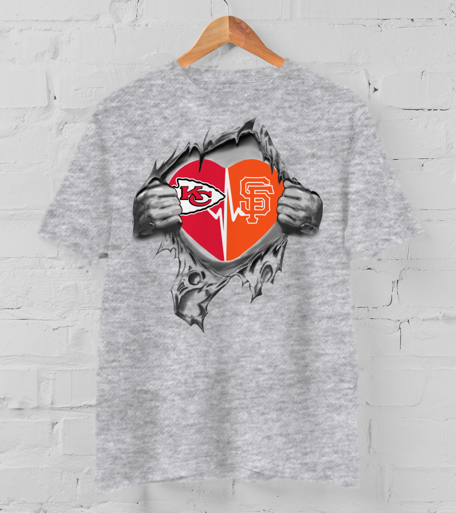 Chiefs San Francisco Giants Heart With Logos Chiefs Arrowhead Sf Monogram T-Shirt