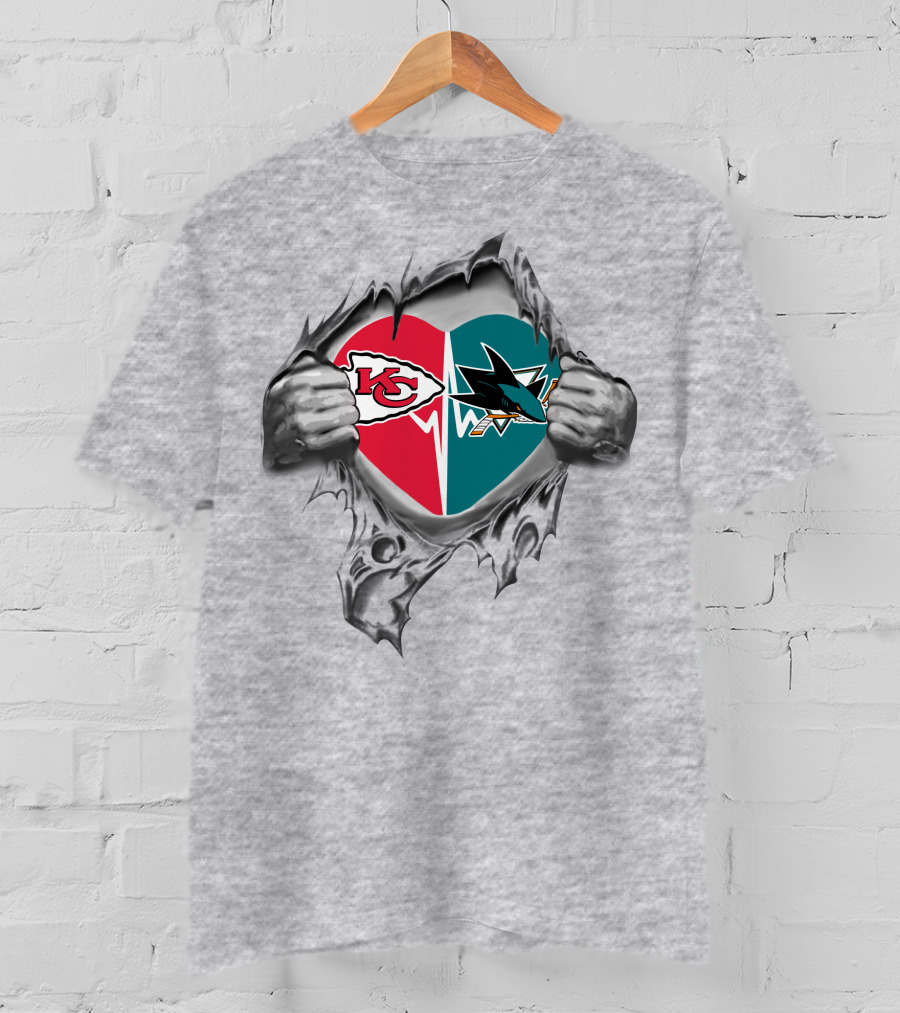 Chiefs San Jose Sharks It's In My Heart Torn Metal Design With Logos T-Shirt