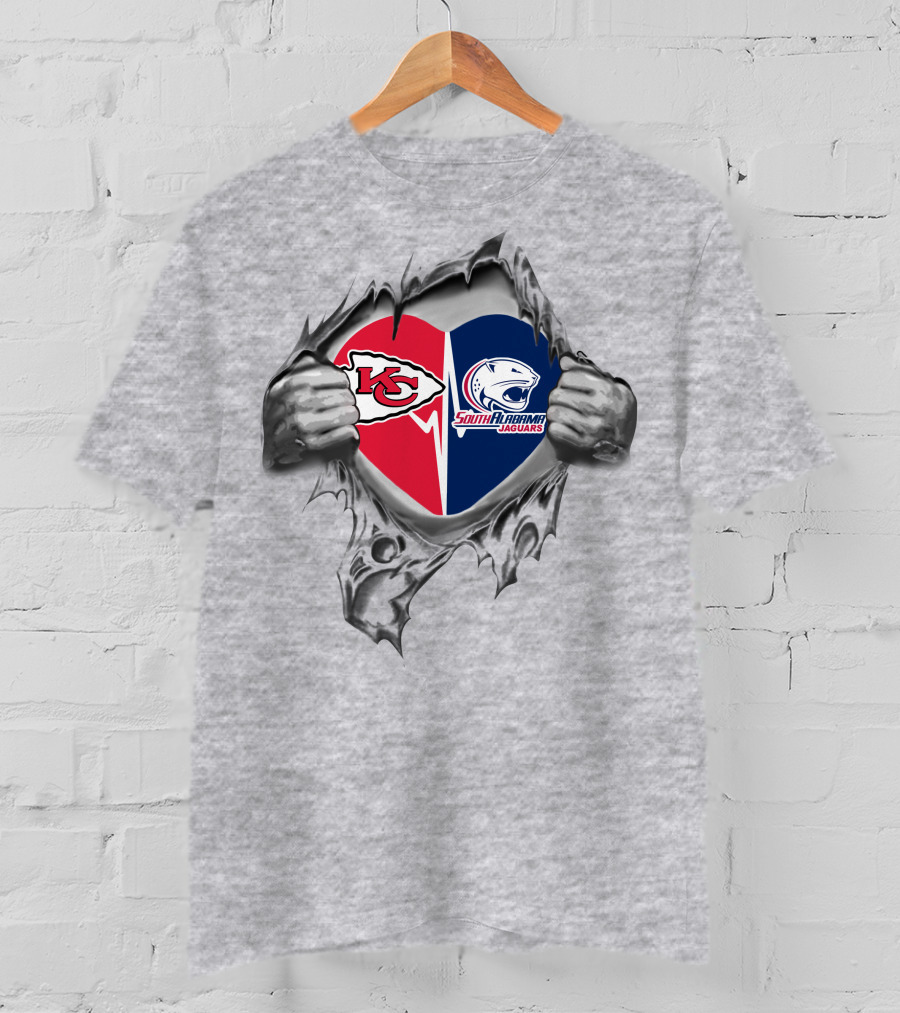 Chiefs South Alabama Jaguars Heart Logos Peeling Effect T-Shirt