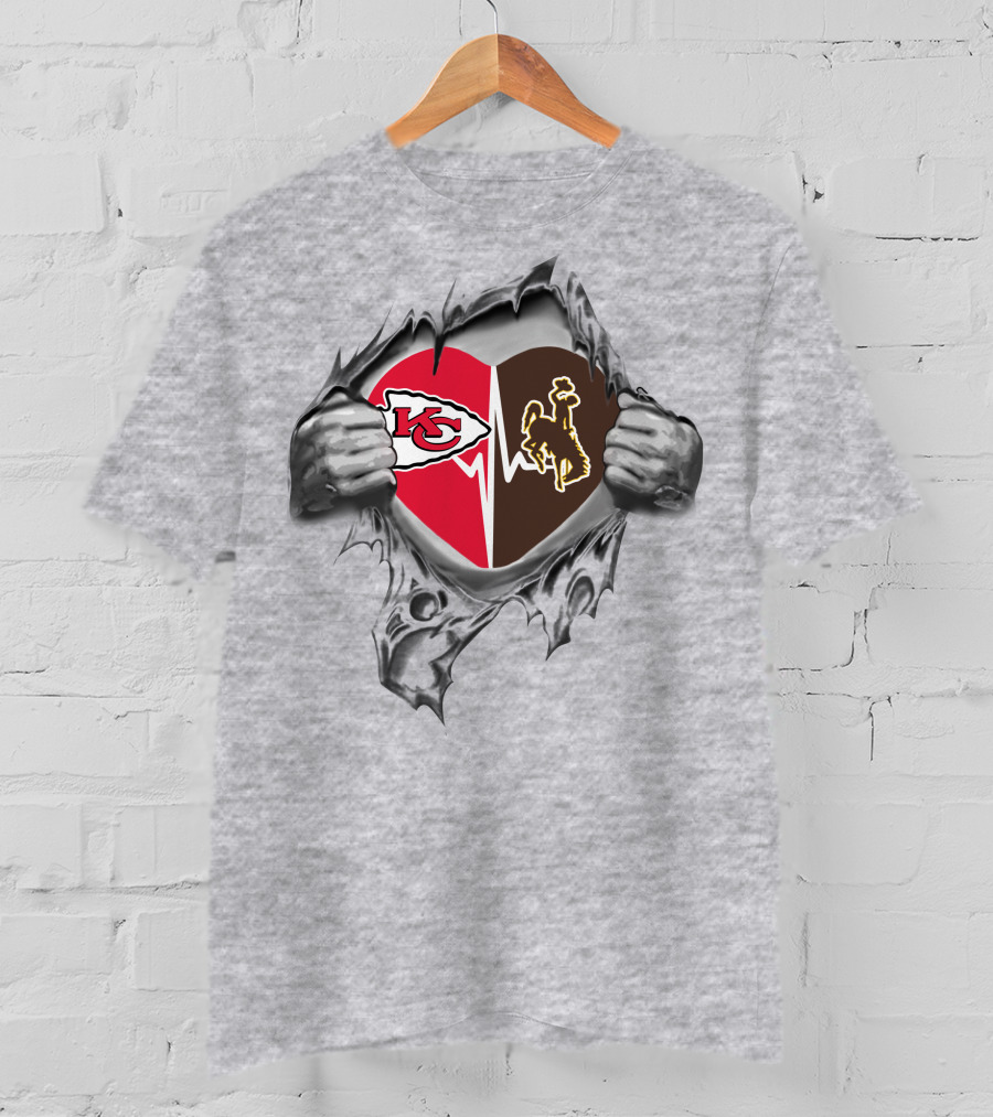 Chiefs Wyoming Cowboys Heart With Torn Rip And Team Logos T-Shirt