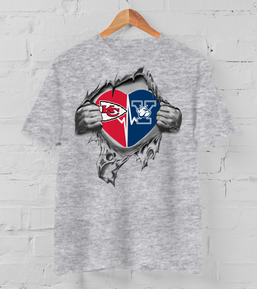 Chiefs Yale Bulldogs It's In My Heart Kansas City Football Y Logo Heart Torn Metal T-Shirt