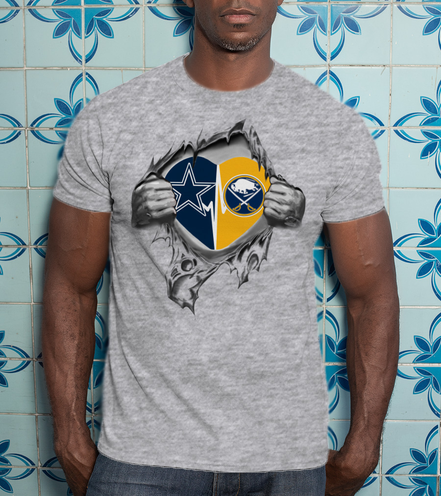 Cowboys Buffalo Sabres Heart Logos Torn Fabric T-Shirt