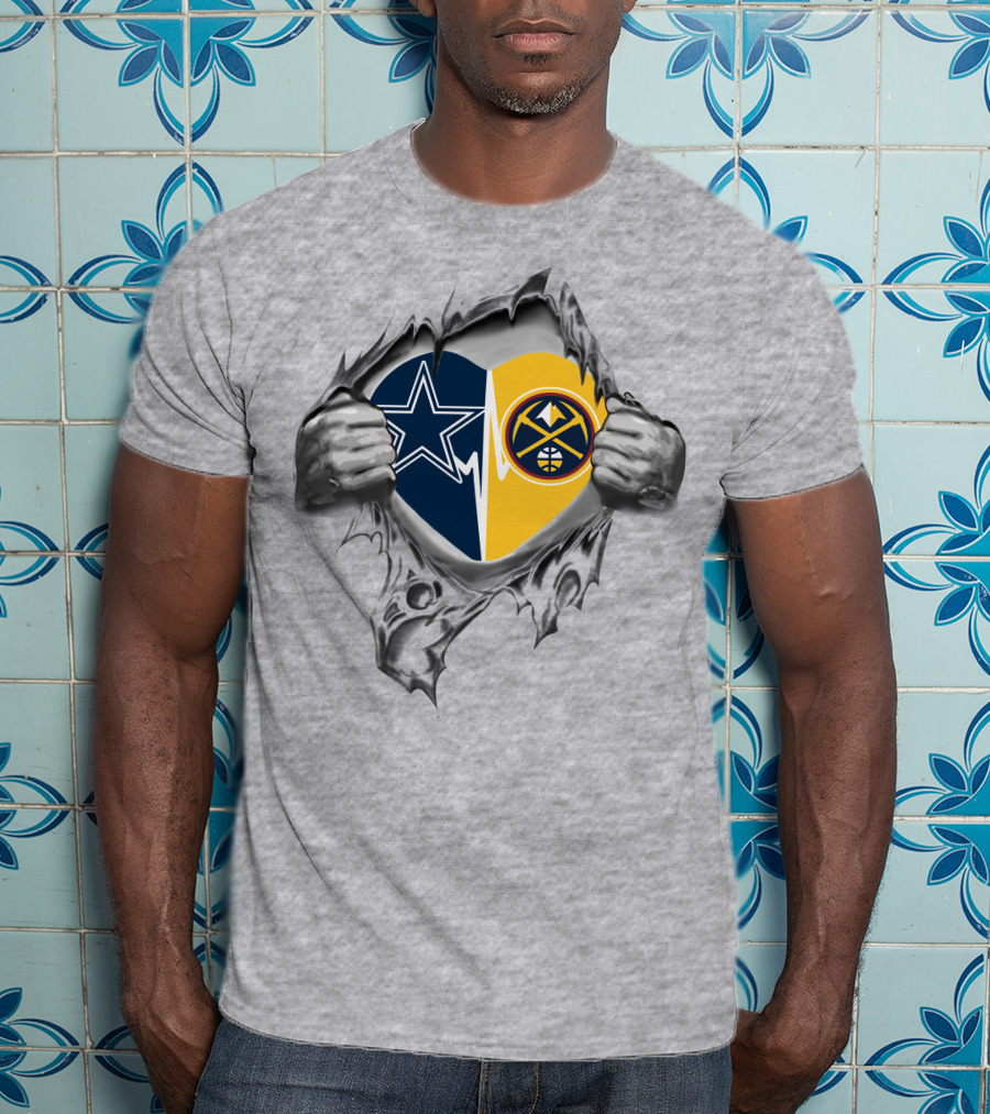 Cowboys Denver Nuggets Heart Design Featuring Team Logos And Hands T-Shirt