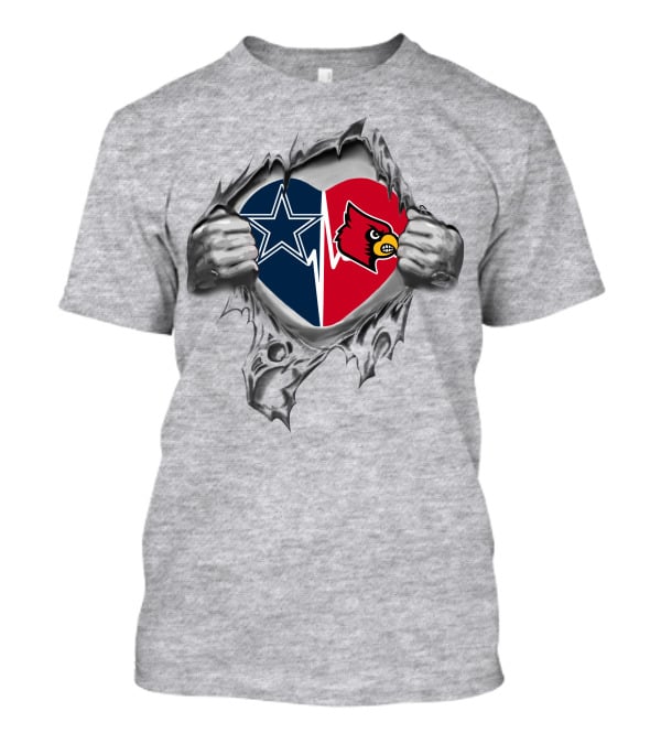 Cowboys And Louisville Cardinals Heart Design With Star And Cardinal Logos T-Shirt