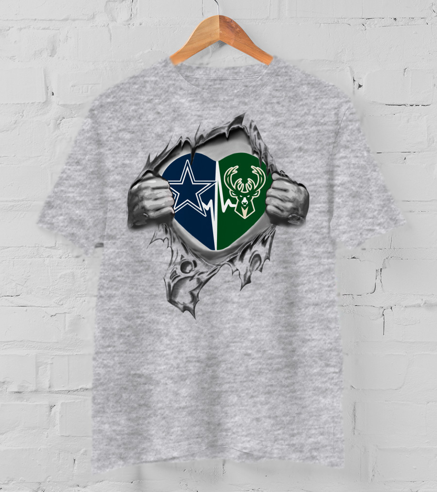 Cowboys Milwaukee Bucks Heart Logos Combination T-Shirt