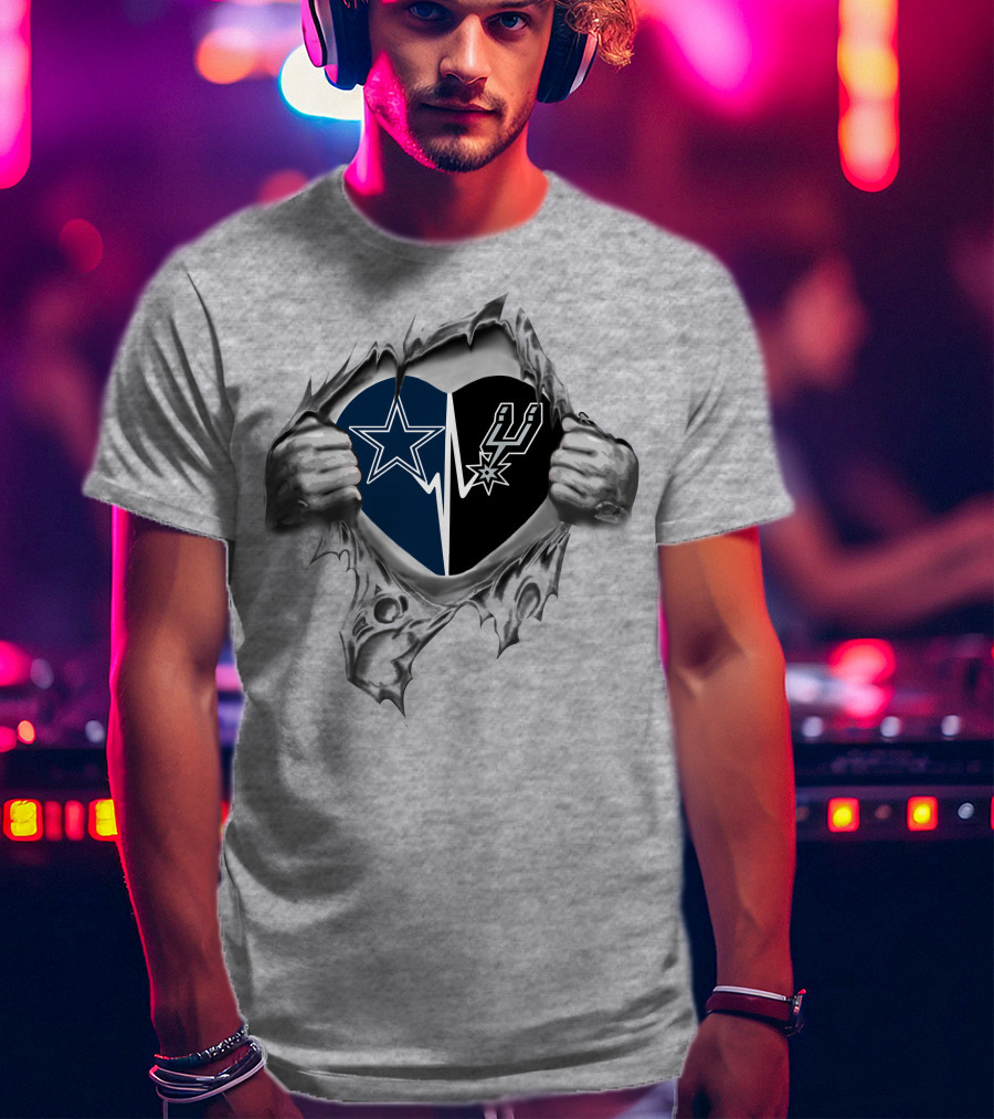 Cowboys San Antonio Spurs Heart Design With Torn Fabric And Holding Hands T-Shirt
