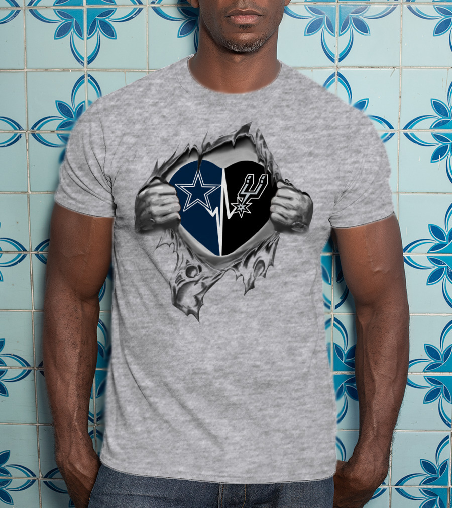 Cowboys San Antonio Spurs Heart Design With Torn Fabric And Holding Hands T-Shirt