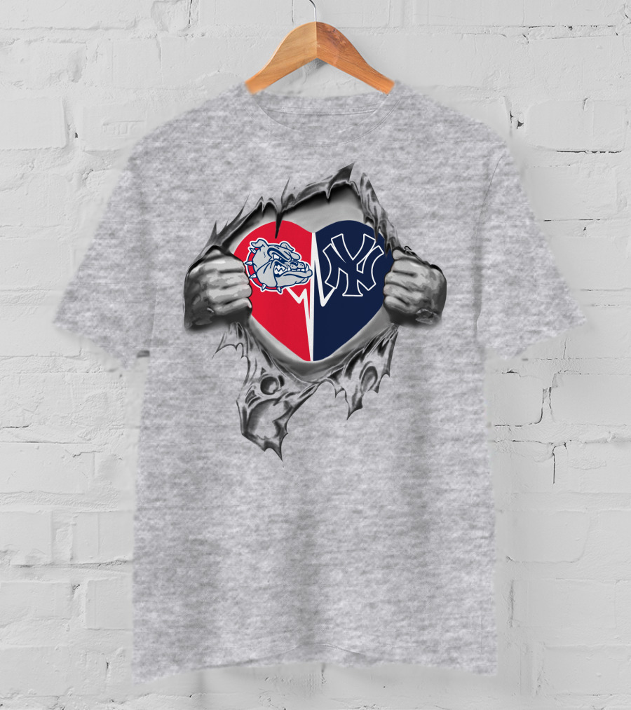 Yankees Gonzaga Bulldogs Heart Symbol Split Loyalty Fan Gear T-Shirt
