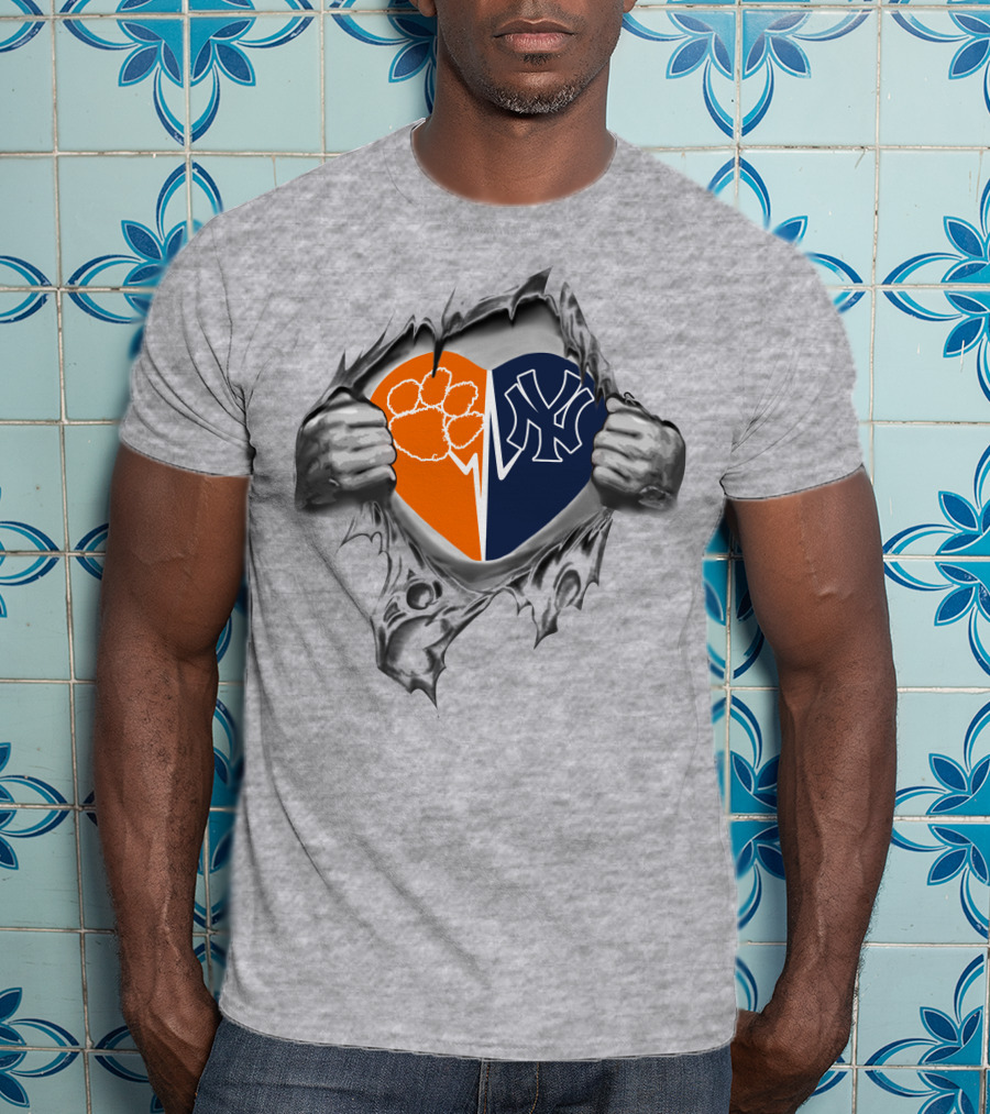 Yankees Clemson Tigers Heart Split Logos Peeking Through Ripped Exterior T-Shirt