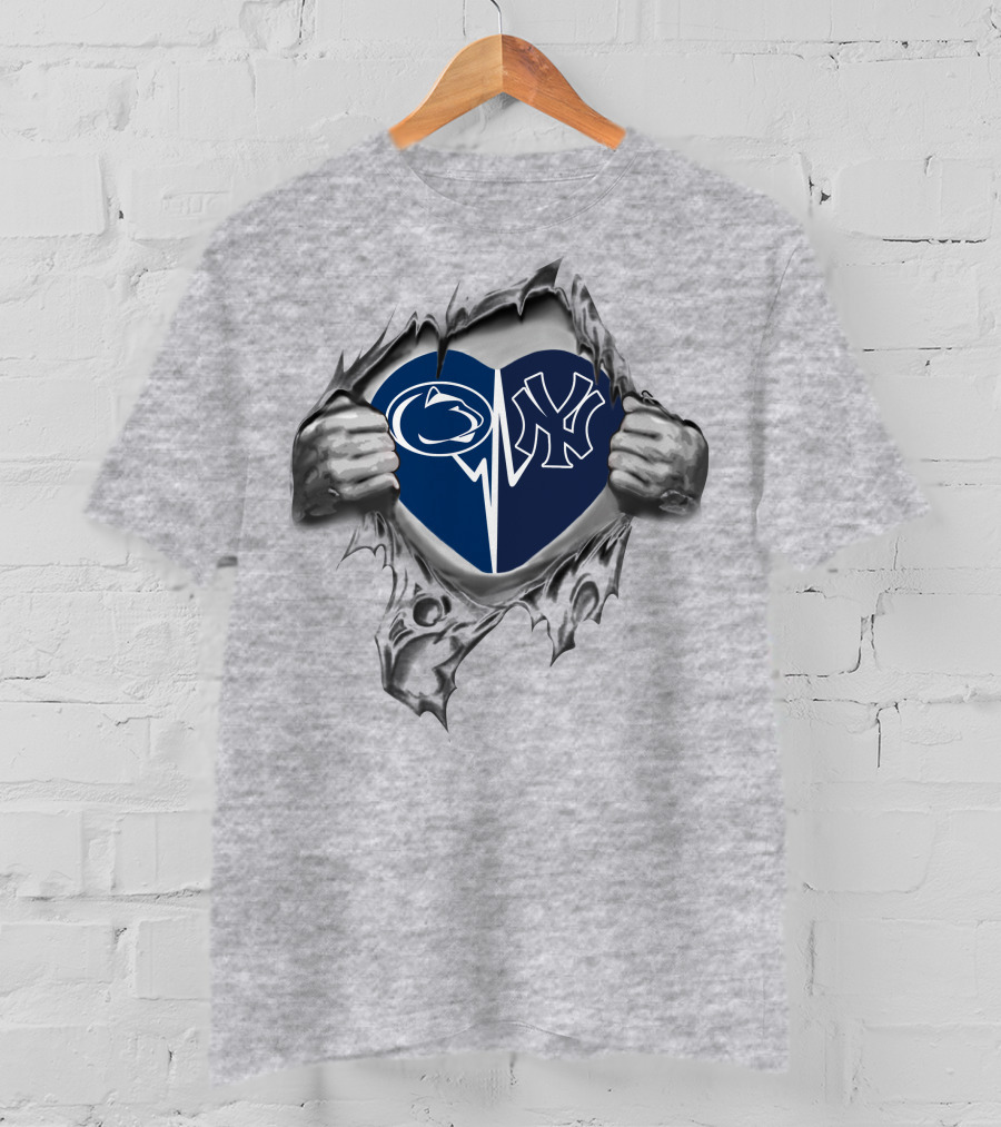 Yankees Penn State Heart With Logos Inside Tearing Hands T-Shirt