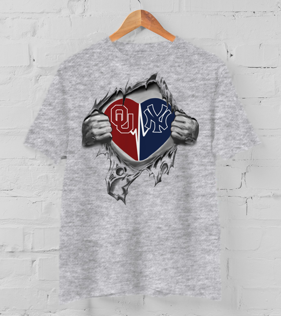 Ou Sooners And Ny Yankees Heart Tear T-Shirt