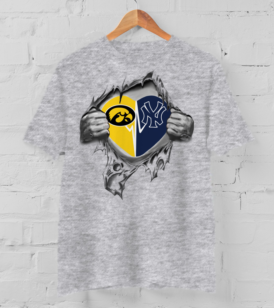 Yankees Hawkeyes Heart Design Featuring Iowa And New York Logos T-Shirt