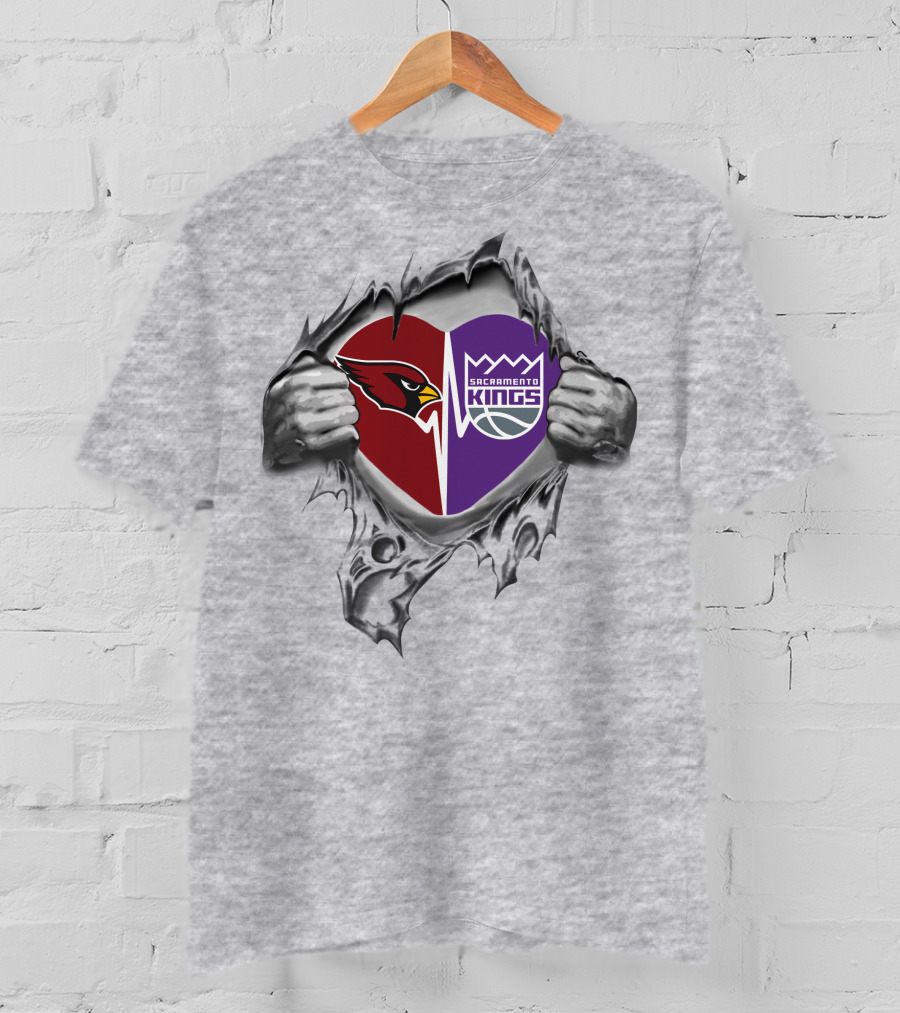 Cardinals Sacramento Kings Heart With Logos Tearing Through Gray T-Shirt