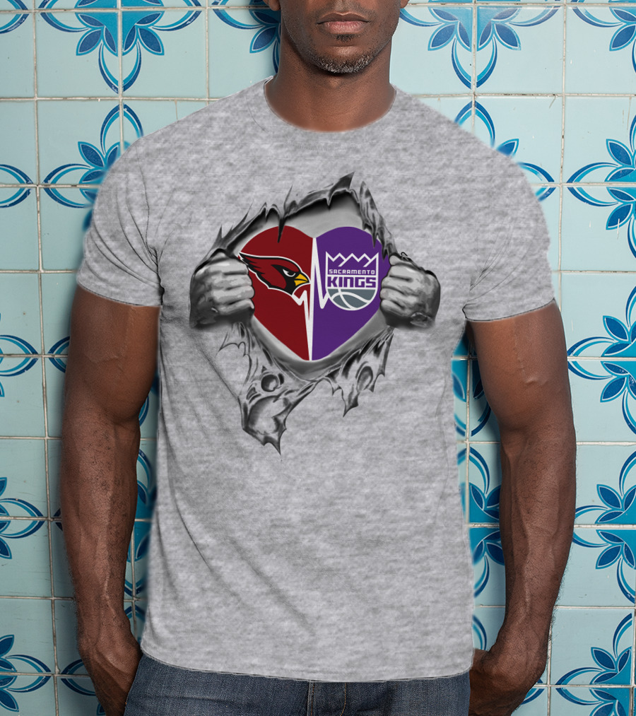 Cardinals Sacramento Kings Heart With Logos Tearing Through Gray T-Shirt